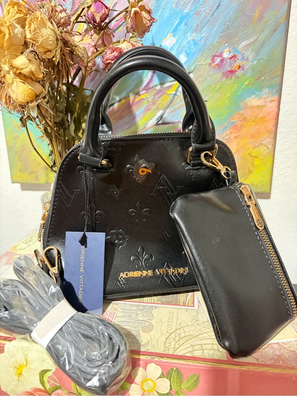 Adrienne Vittadini Black Embossed Faux Leather Dome Satchel